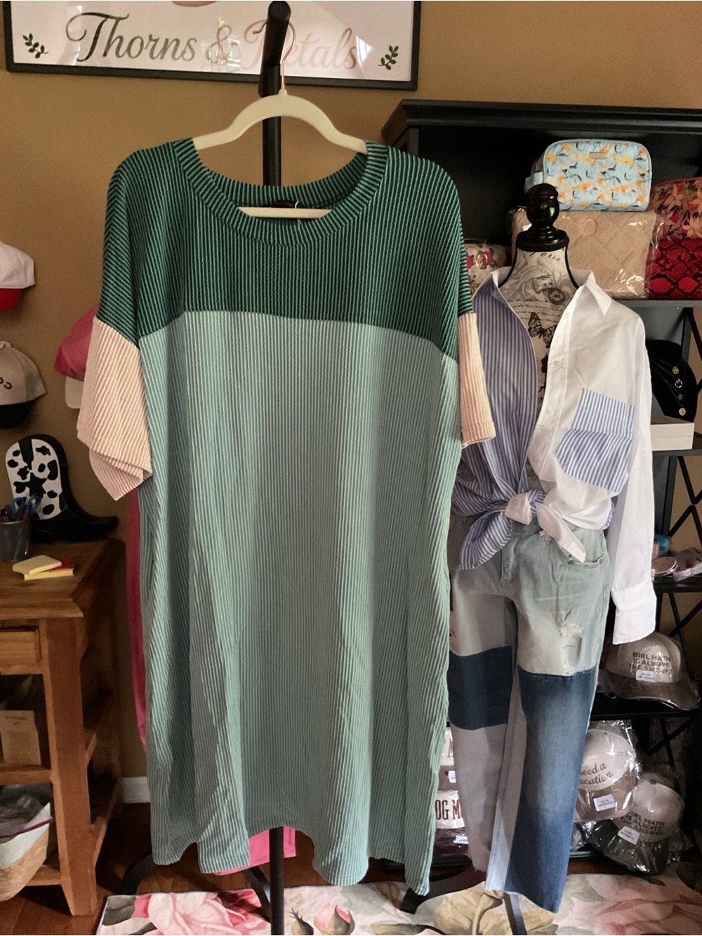 Colorblock Short Sleeve Midi Dress in Teal with Pink Sleeves